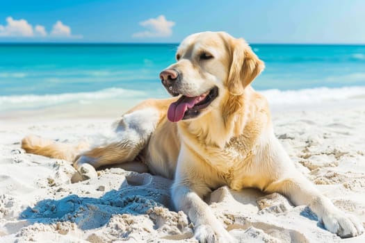 A golden retriever dog relaxes on the sandy beach as the sun sets, creating a serene and tranquil atmosphere