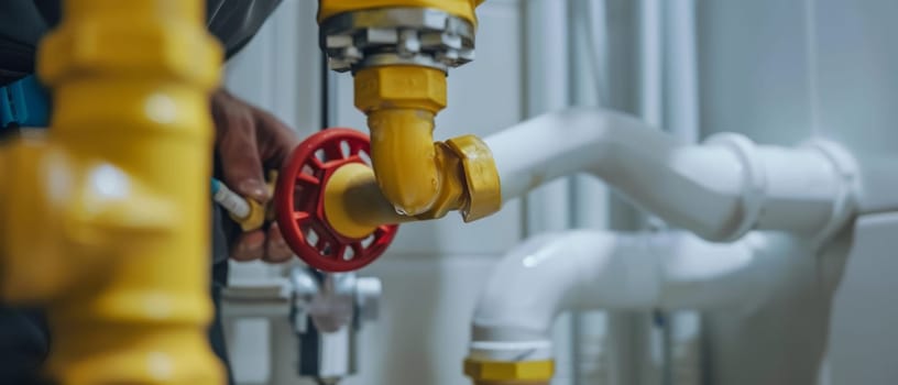 A technician carefully adjusts a yellow gas valve on a pipe system, demonstrating expertise and attention to detail in maintaining critical infrastructure