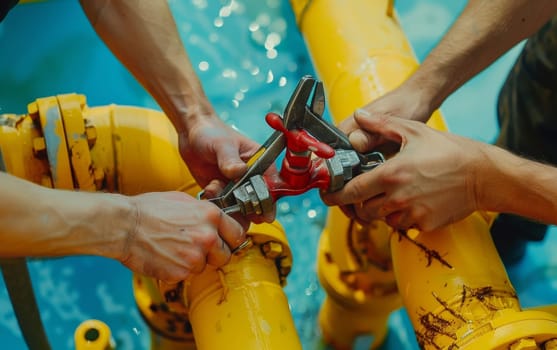 Hands using a red pipe wrench to tighten a yellow pipe, demonstrating the process of plumbing or construction work