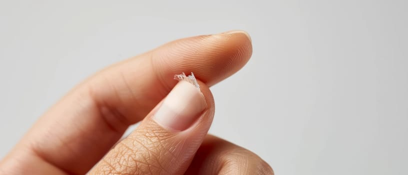 An extreme close-up of a completely shattered and splintered fingernail, conveying a sense of pain and the body's fragility