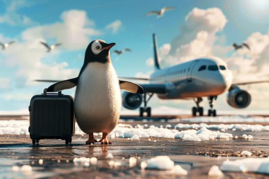 penguin on vacation with a suitcase. Generative Ai.