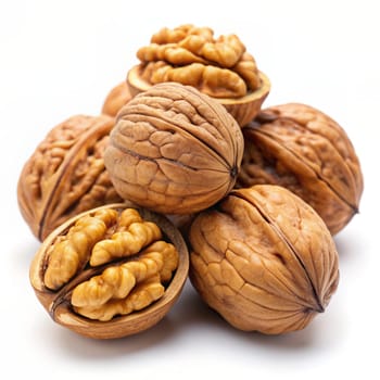 Walnuts peeled and unpeeled on white background. Ai generated image