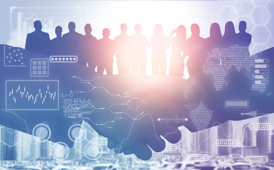 Creative image of silhouettes of businesspeople standing together on abstract gray background