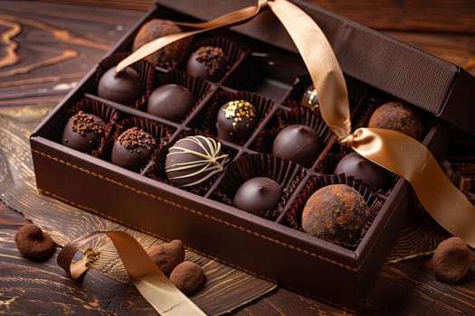 Elegant box of chocolate truffles with ribbons on a wooden table.