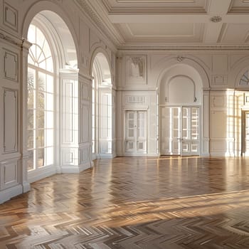 Vintage-style banquet hall with parquet floors and expansive windows.