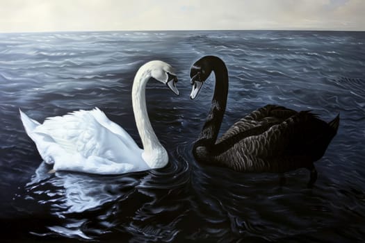 oil paint acrylic A black swan on the surface of the water among white swans. ai generative.