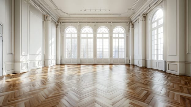 A big empty banquet hall with parquet flooring and vintage-style decor, featuring a multitude of large windows.