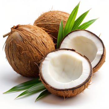 Coconut whole ond half with leaves on white background. Broken white coco. Ai generated image