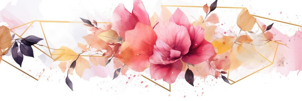 Abstract geometric watercolor banner with dynamic shapes and splatters. Pink flower and leaves line arrangement or composition with white background. Modern art concept for creative design. AIG35.