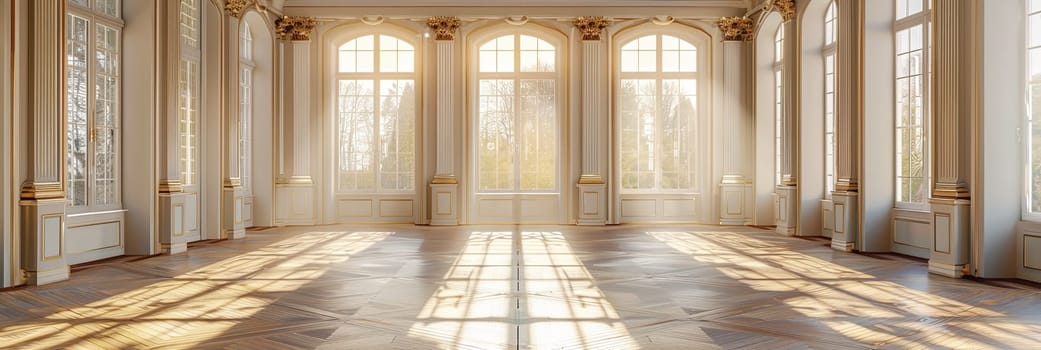 A large, vintage-style banquet hall with numerous windows and a parquet floor, illuminated by natural light.