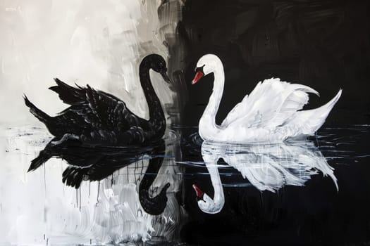 oil paint acrylic A black swan on the surface of the water among white swans. ai generative.