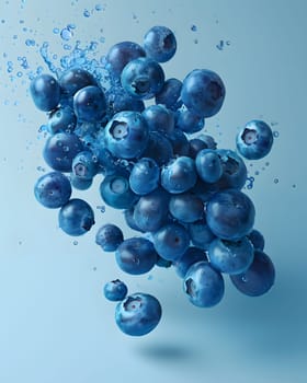A creative arts piece featuring a pattern of floating blueberries on an electric blue background. The natural material is showcased in a silver circle, resembling body jewelry
