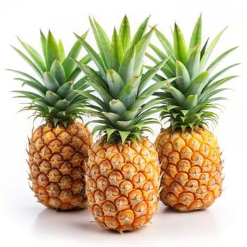 Fresh juicy tropical fruit pineapple isolated on white background. Three whole fruits. Ai generated image