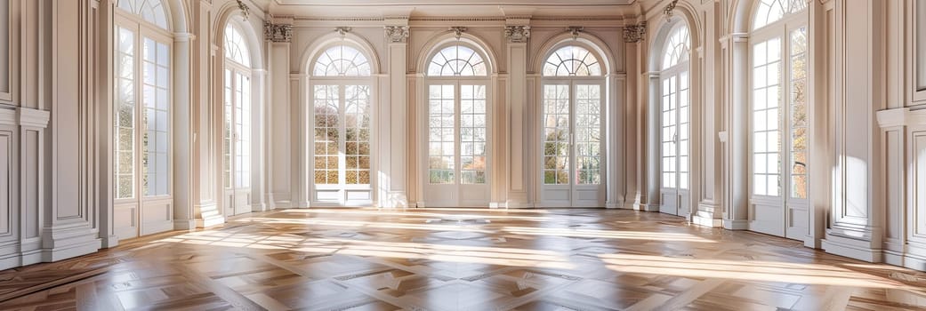 Large, light-colored room with parquet floor, vintage style, filled with many windows and doors.
