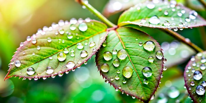 Close-up of plant leaves with raindrops, generated by AI illustration.