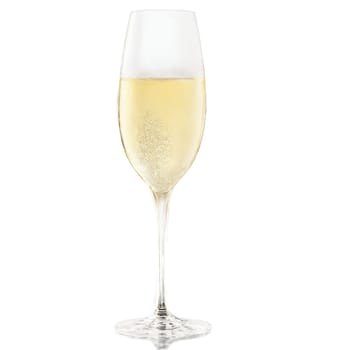 Stolzle Revolution Sparkling Wine glass uniquely shaped crystal bowl long stem pale champagne with rising. Close-up wine glass, isolated on transparent background