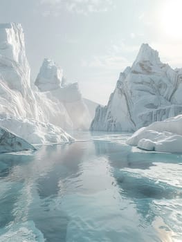 Snowy mountains encircle a body of water, creating a stunning wintry scene.