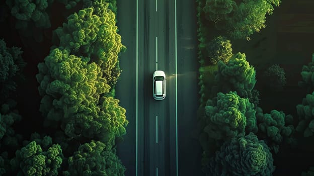 A car drives down a road surrounded by lush green trees in a forest.