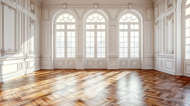 Vintage-style banquet hall with parquet floors and abundant windows.