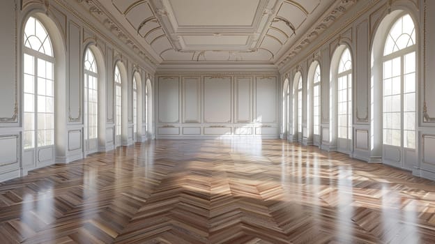 A vintage-style banquet hall with a parquet floor, empty and filled with natural light from large windows.