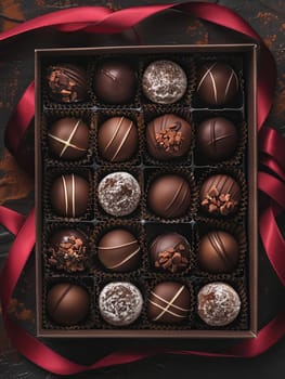 Elegant box of chocolate truffles with a red ribbon tied around it, showcasing high detail and rich dark colors.