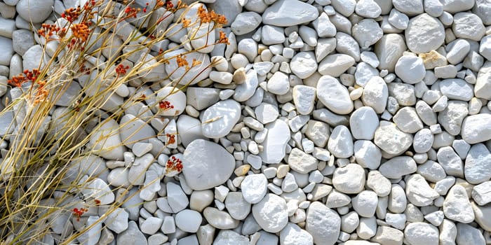 A bouquet of flowers rests gracefully atop a bedrock formation, surrounded by a mixture of white rocks including pebbles, gravel, and cobblestones
