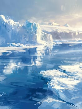 Painting depicting icebergs with various shapes and sizes floating in cold Arctic waters.
