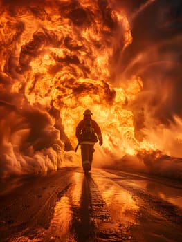 As the fireman walks through the large fire, the heat surrounds him, creating a fiery atmosphere against the dusk sky. The afterglow of the sunset reflects off the clouds, creating a dramatic scene