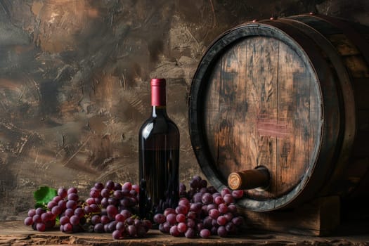 Red Wine Bottle with Vintage Rustic Oak Wooden Background.