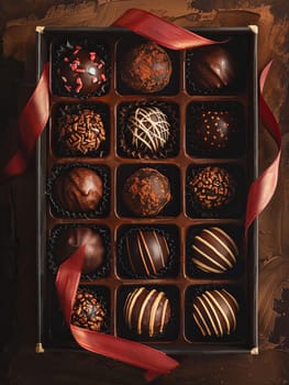 An elegant box of chocolate truffles with a red ribbon around it, showcasing rich dark colors and luxurious presentation.