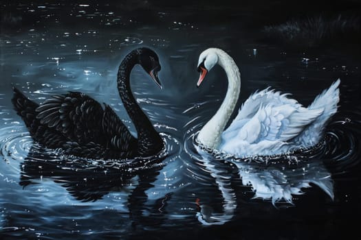 oil paint acrylic A black swan on the surface of the water among white swans. ai generative.