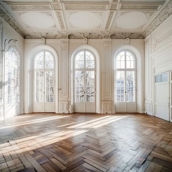 A vintage-style room with a parquet floor, large windows letting in light.