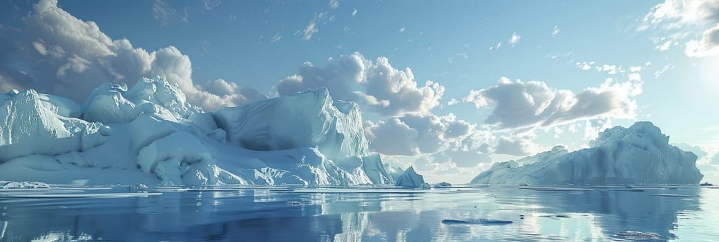 Large iceberg floating in ocean waters, surrounded by clouds in the sky.