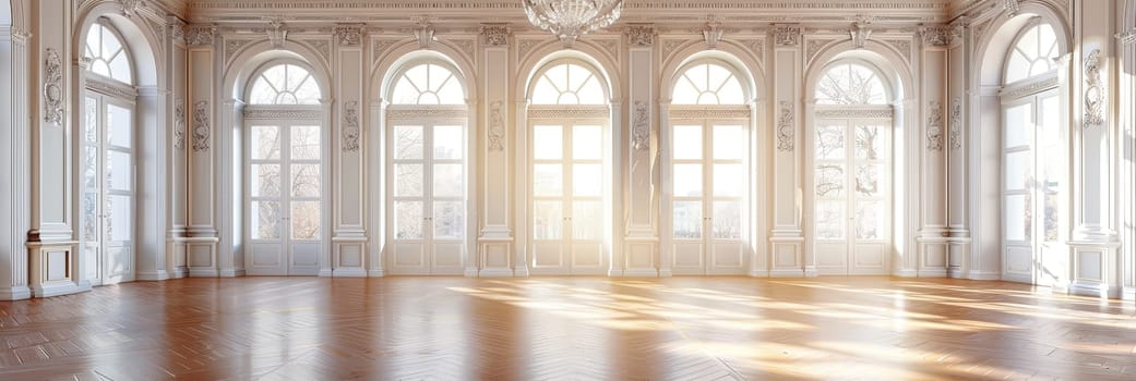 Vintage-style banquet hall with parquet floor, empty, featuring large windows and a chandelier.