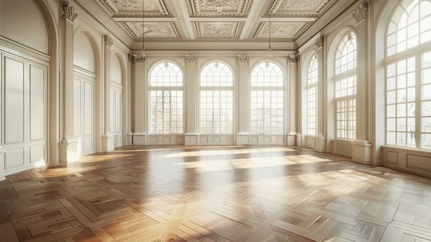 An empty banquet hall with vintage-style wooden floors, light-colored walls, and large windows illuminating the room.