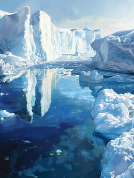 Icebergs drift on cold Arctic waters, reflecting light on their icy surfaces.