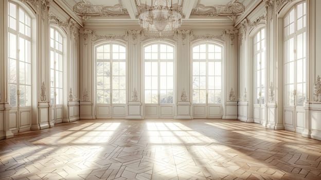 Vintage-style banquet hall with parquet floor, featuring large windows and an elegant chandelier.