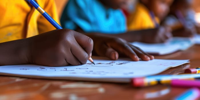 Close up of smart diverse children hand writing classwork at classroom. Attractive elementary student taking a note or doing homework while camera focus on learner holding pencil. Creative. AIG42.