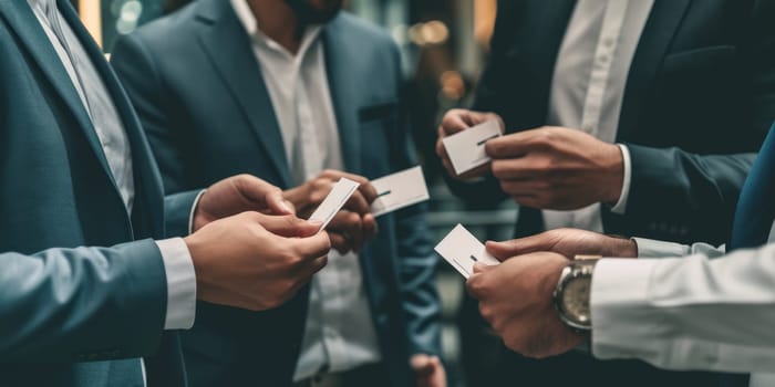 Group of professional multicultural business people hands exchanging name card at meeting. Start up business team working together and giving contract to the other. Corporate networking people. AIG42.