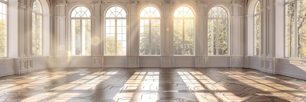 An empty banquet hall with a parquet floor and numerous large windows in a vintage style.