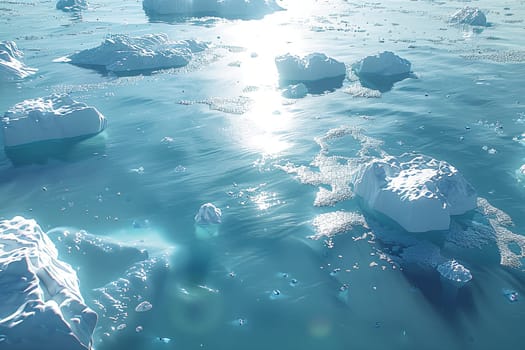 Multiple icebergs drift on icy Arctic waters, showcasing varying sizes and shapes under the cold sky.