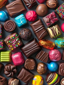 Various types of brightly colored chocolate candies spread out on a table, each with shiny wrappers.
