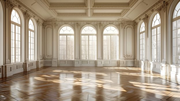 Vintage banquet hall with parquet floor and abundant natural light through large windows.