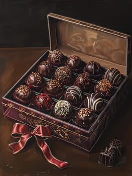 A detailed painting of a luxurious box of chocolate truffles with decorative ribbons on a table.