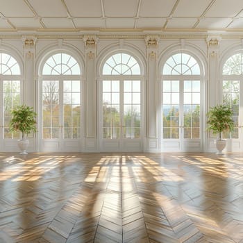 Vintage-style banquet hall with a parquet floor, showcasing an airy atmosphere with ample sunlight filtering through large windows.