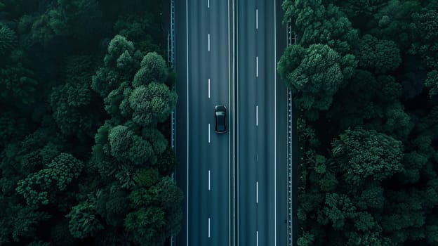 A single car drives on a long highway road through a green forest in an aerial view.