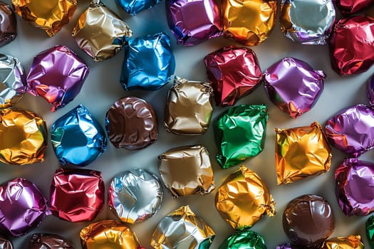 Colorful assortment of foiled chocolates arranged on a tabletop