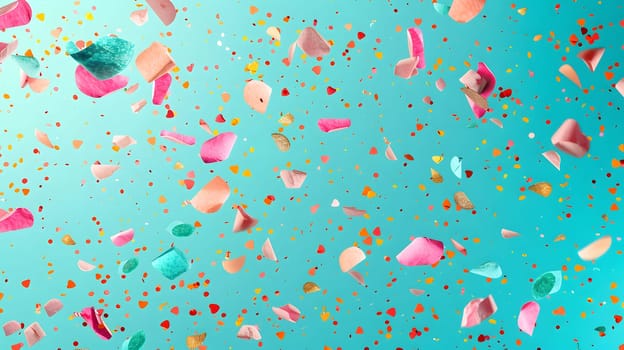 Colorful confetti in shades of pink, magenta, and electric blue is descending upon an azure background, creating a vibrant pattern reminiscent of art and design