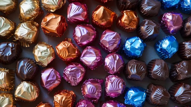 A variety of colorful chocolate candies arranged in a pile on top of a table.