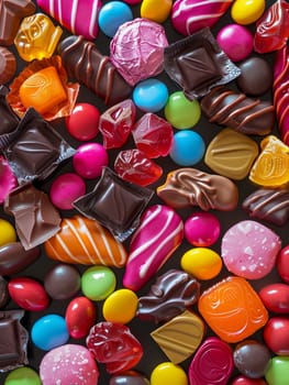 Colorful assortment of chocolate candies piled on a table with vibrant, shiny wrappers.